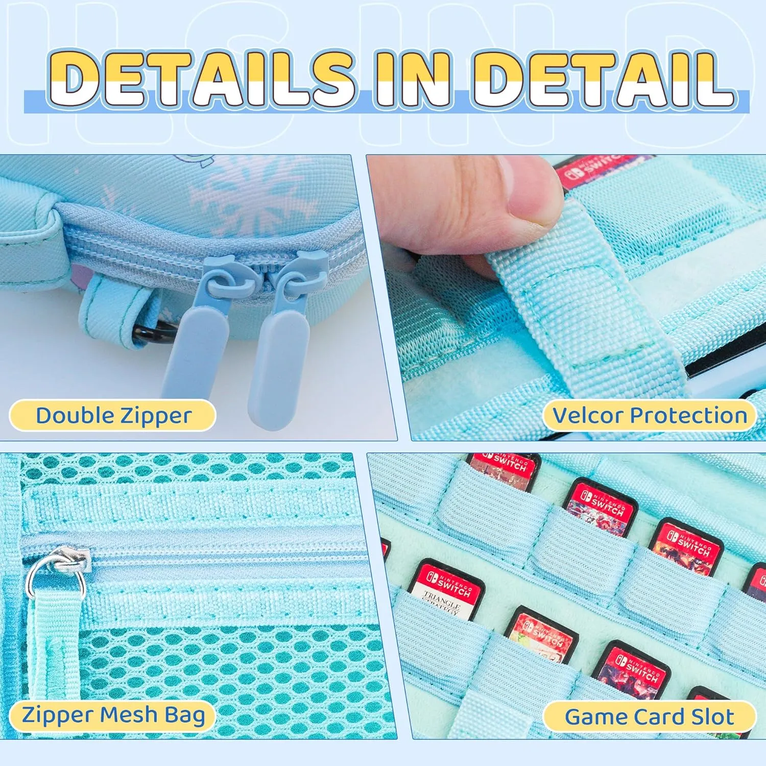 FUNDIARY Skiing of Sam Penguin Carrying Case for Nintendo Switch, Blue Travel Storage Bag Accessories for Switch Console with Soft TPU Protective Cover, Screen Protector, Shoulder Strap & 2 Thumb Caps