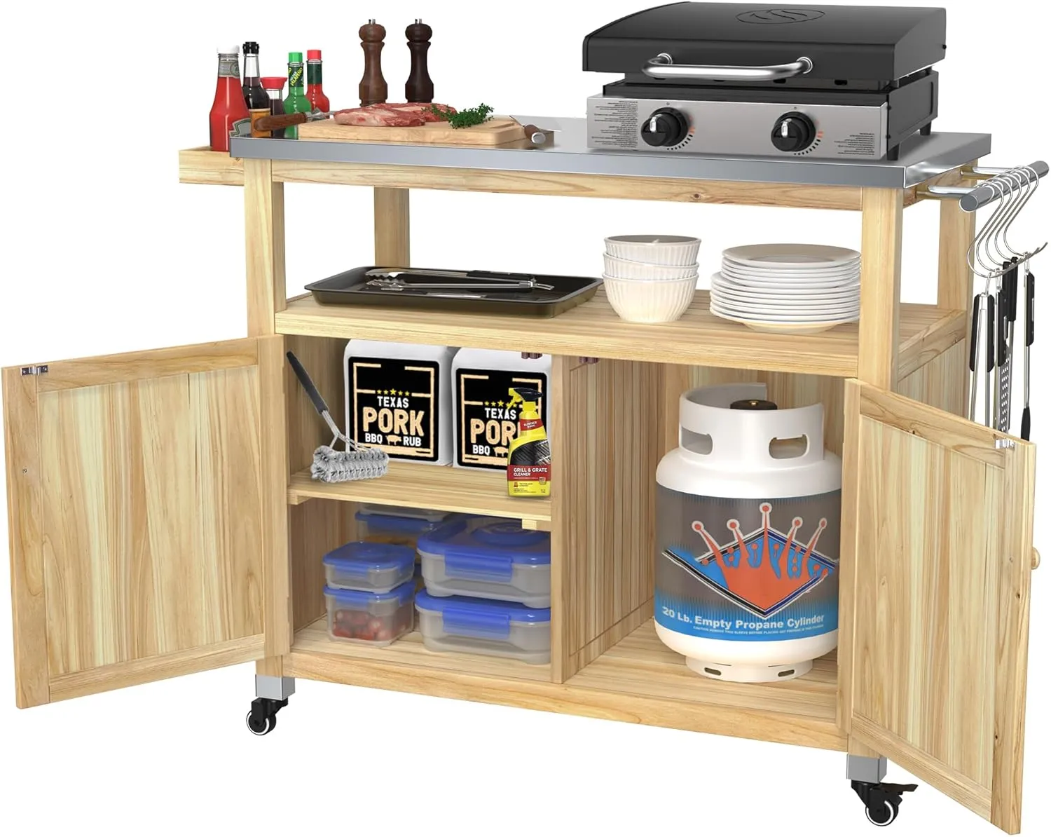 GDLF Outdoor Storage Cabinet Wood Outdoor Kitchen Prep Grill Table with Stainless Steel Top Waterproof Cover (Natural Wood Color)