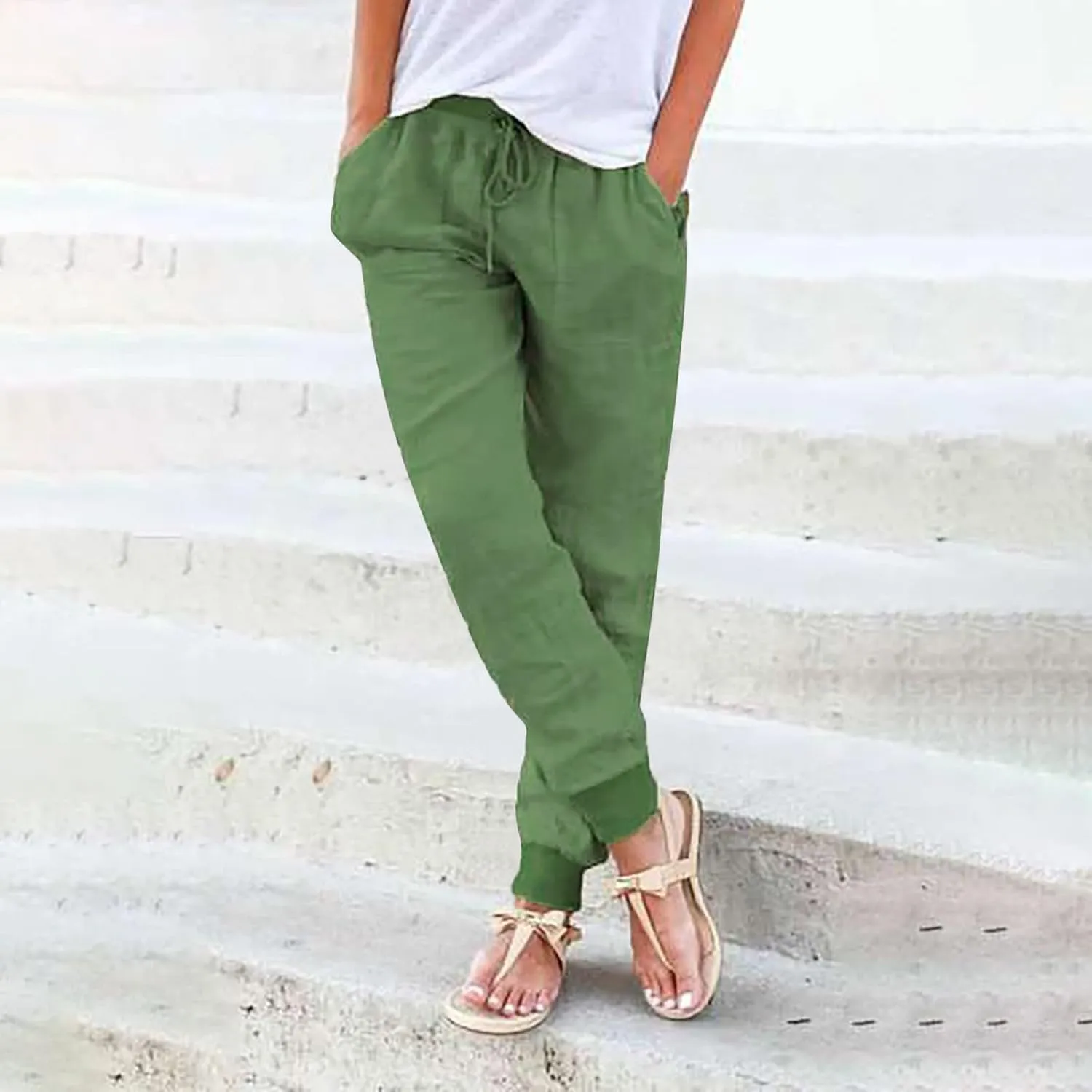 Generic Womens Cotton Linen Jogger Pants Summer Casual Drawstring Elastic Waist Lightweight Tapered Leg Joggers with Pockets