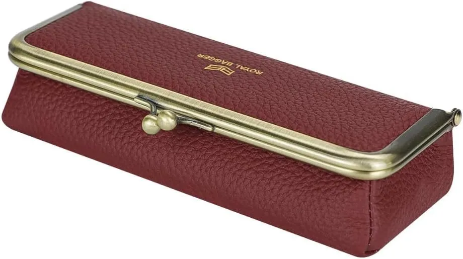 Genuine Leather Fashion Glasses Case - RFID Blocking, Fashion Pencil Bag with Kiss Lock, Coin Purse for Women