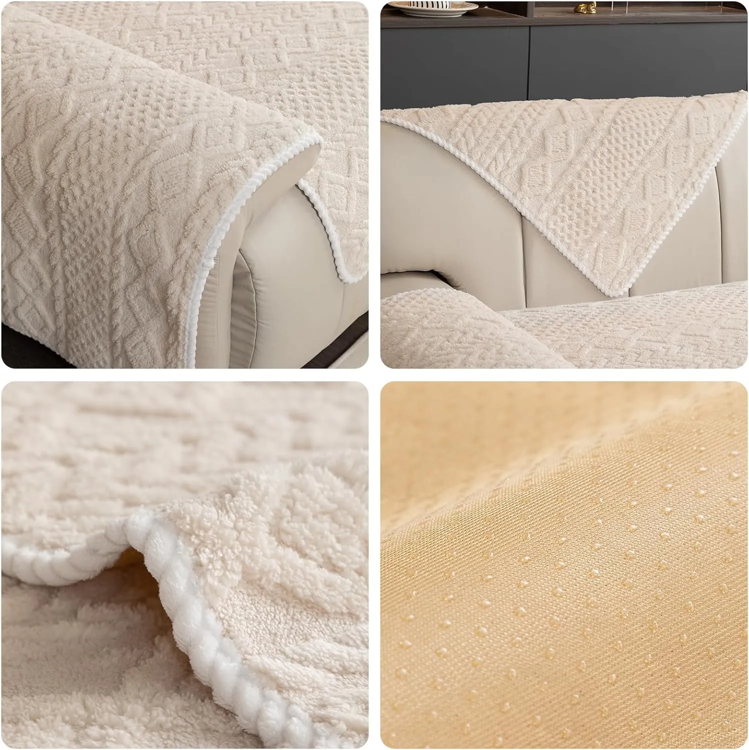 Geometric Jacquard Plush Warm Sofa Couch Cover, Soft Funny Fuzzy Couch Covers, Non Slip Sectional Sofa Slipcover, Cozy Washable Furniture Protector for Kids, Pets (Beige White, 36"x 63")