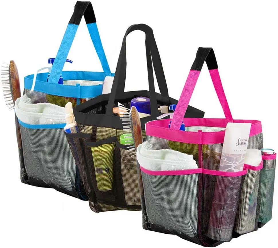 GGone 3 Pack Mesh Shower Caddy,Portable Quick Dry Hanging Tote Storage Bag Bath Organizers with 9 Large Pockets for Shampoo, Soap and Other Bathroom Accessories - Black, Blue, Pink