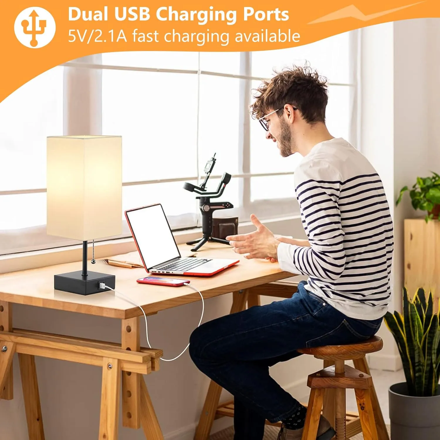 GGOYING Pull Chain Table Lamp, Bedside Lamps with 2 USB Charging Ports, 2700K LED Bulb, White Linen Lampshade for Living Room, Dorm, Office, Home