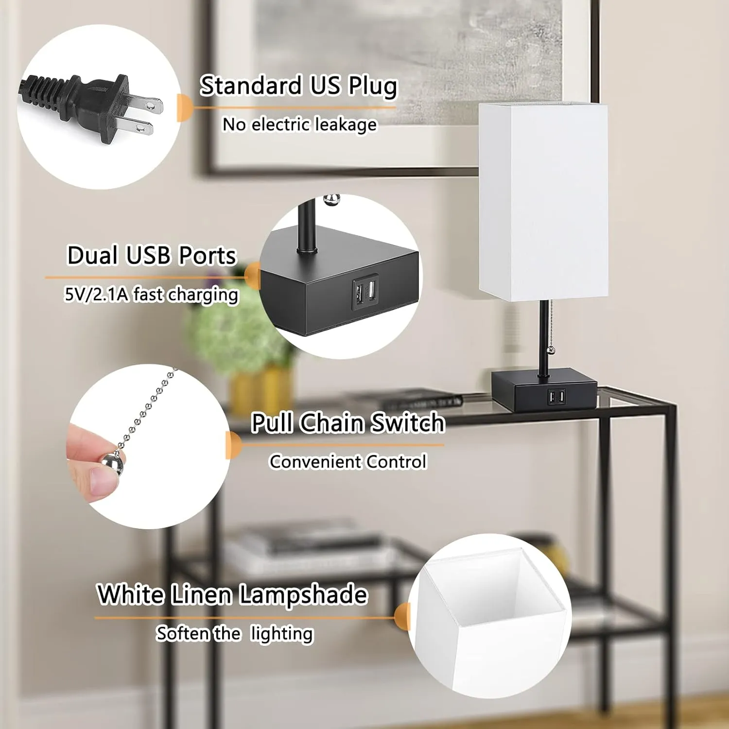 GGOYING Pull Chain Table Lamp, Bedside Lamps with 2 USB Charging Ports, 2700K LED Bulb, White Linen Lampshade for Living Room, Dorm, Office, Home