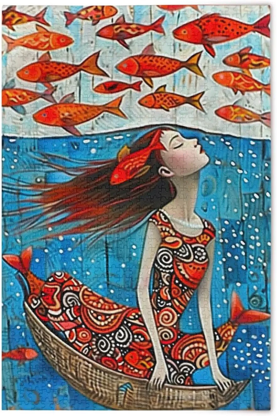 Girl Fish Jigsaw Puzzles for Adults 1000 Pieces,Colorful Puzzle with Mesh Storage Bag,Learning Educational Puzzles for Gift 2013914