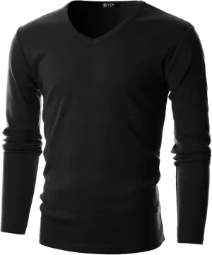 GIVON Men’s Slim Fit V-Neck Long Sleeve T-Shirt – 100% Cotton Ribbed Knit – Midweight Base Layer or Standalone Top