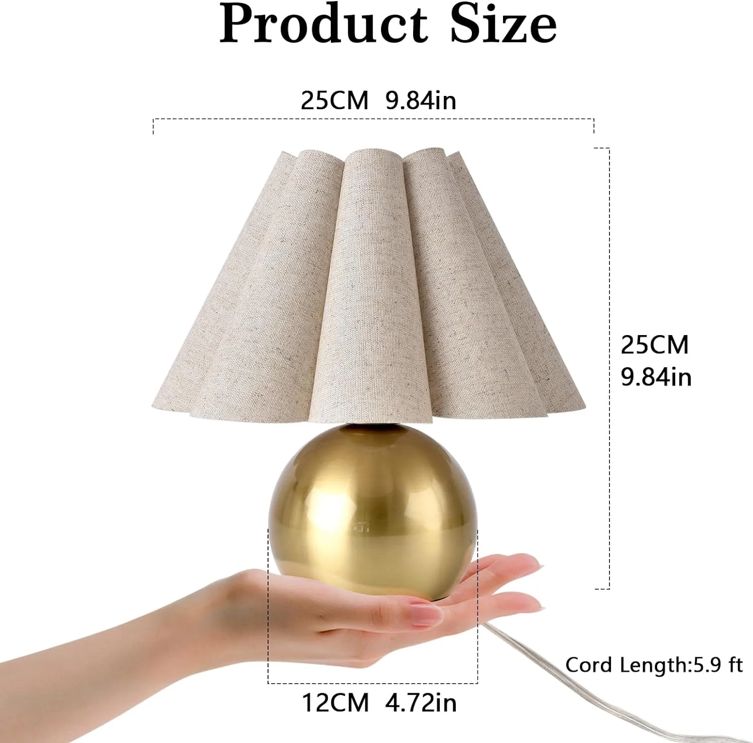 Gold Small Bedside Table Lamp, Brass Gold Bedroom Lamps, Cute Mini Table Lamps for Small Spaces with Scalloped Shade for Living Room, Kids Dorm