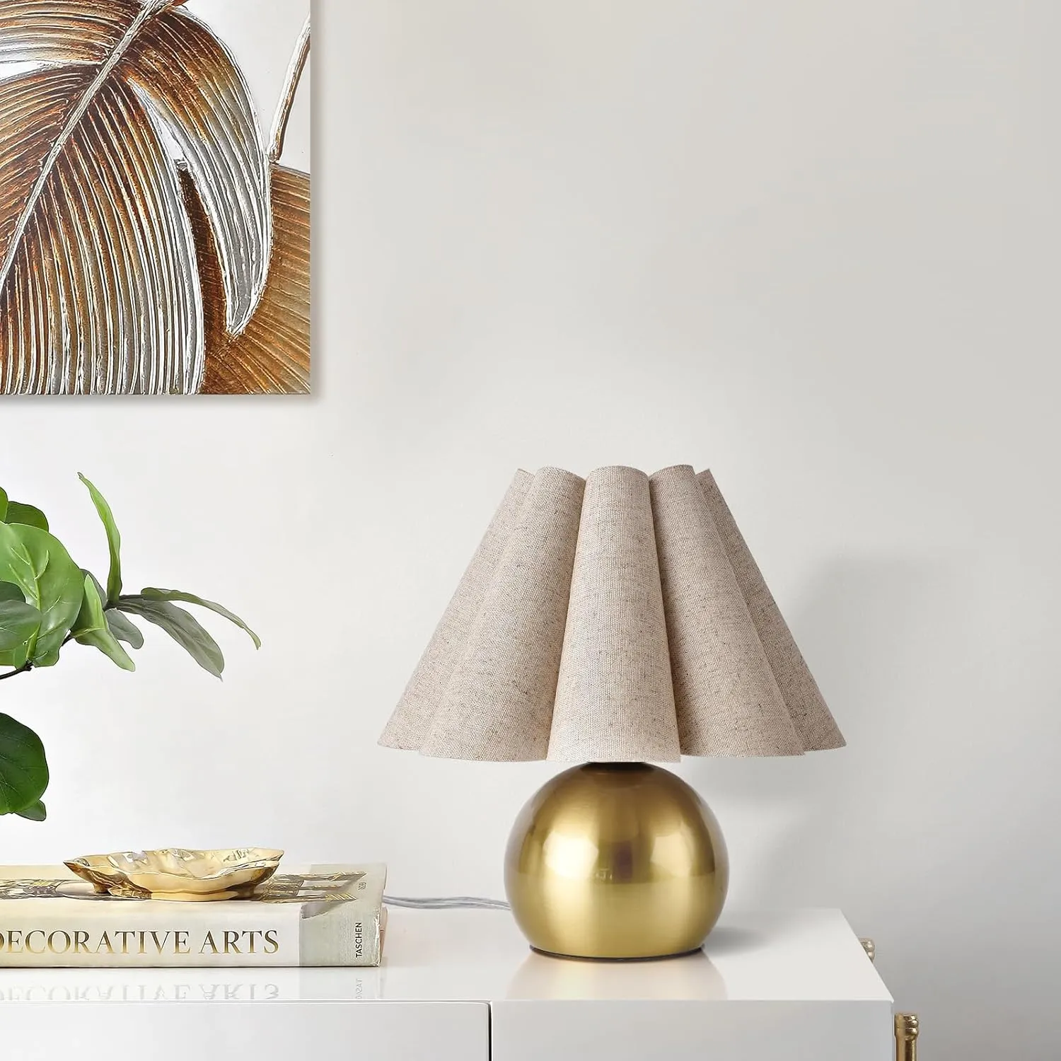 Gold Small Bedside Table Lamp, Brass Gold Bedroom Lamps, Cute Mini Table Lamps for Small Spaces with Scalloped Shade for Living Room, Kids Dorm