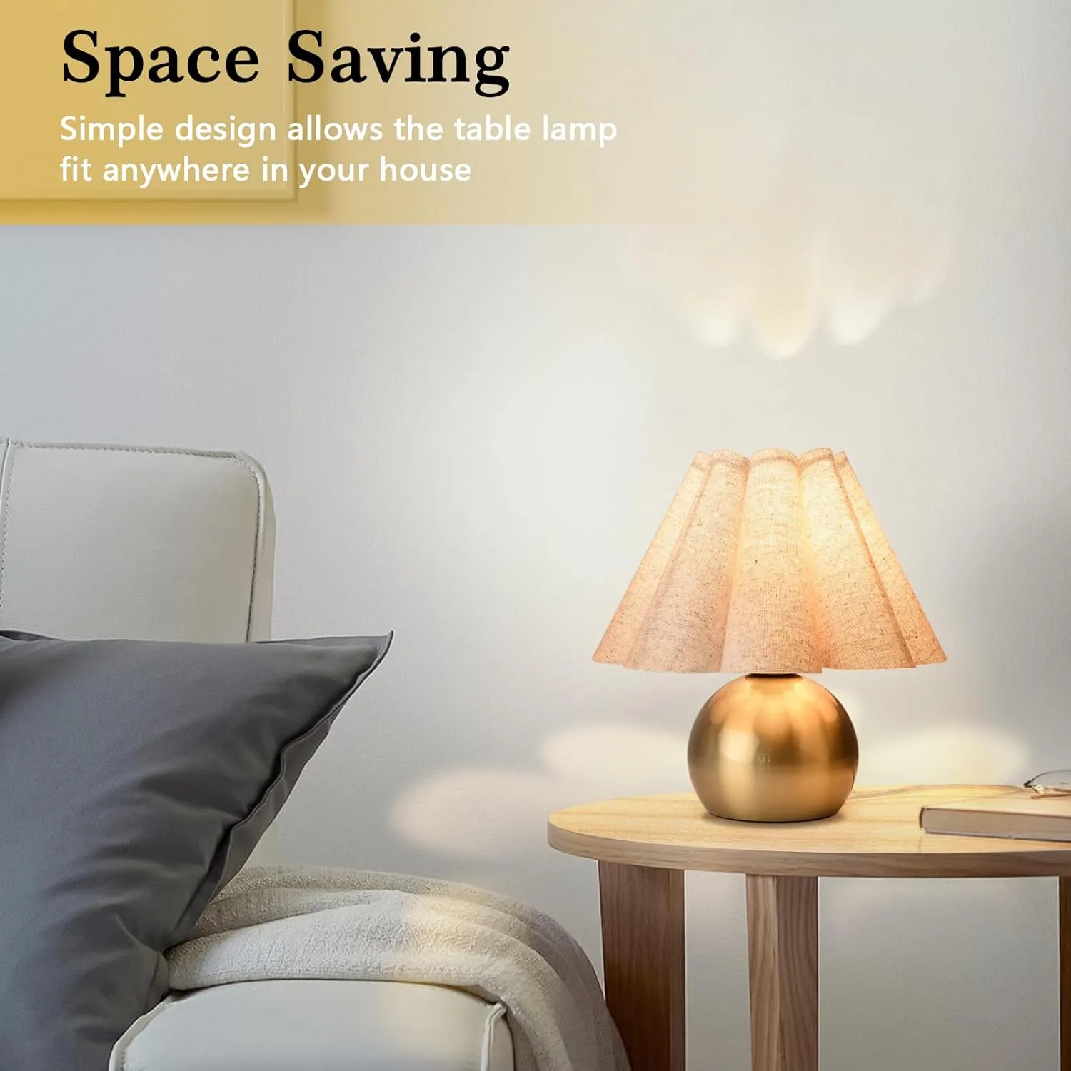 Gold Small Bedside Table Lamp, Brass Gold Bedroom Lamps, Cute Mini Table Lamps for Small Spaces with Scalloped Shade for Living Room, Kids Dorm