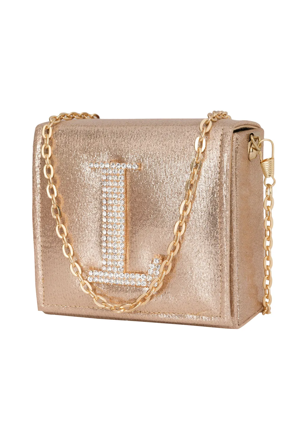 Golden L Alphabhet Intial Embellised Flap Bag