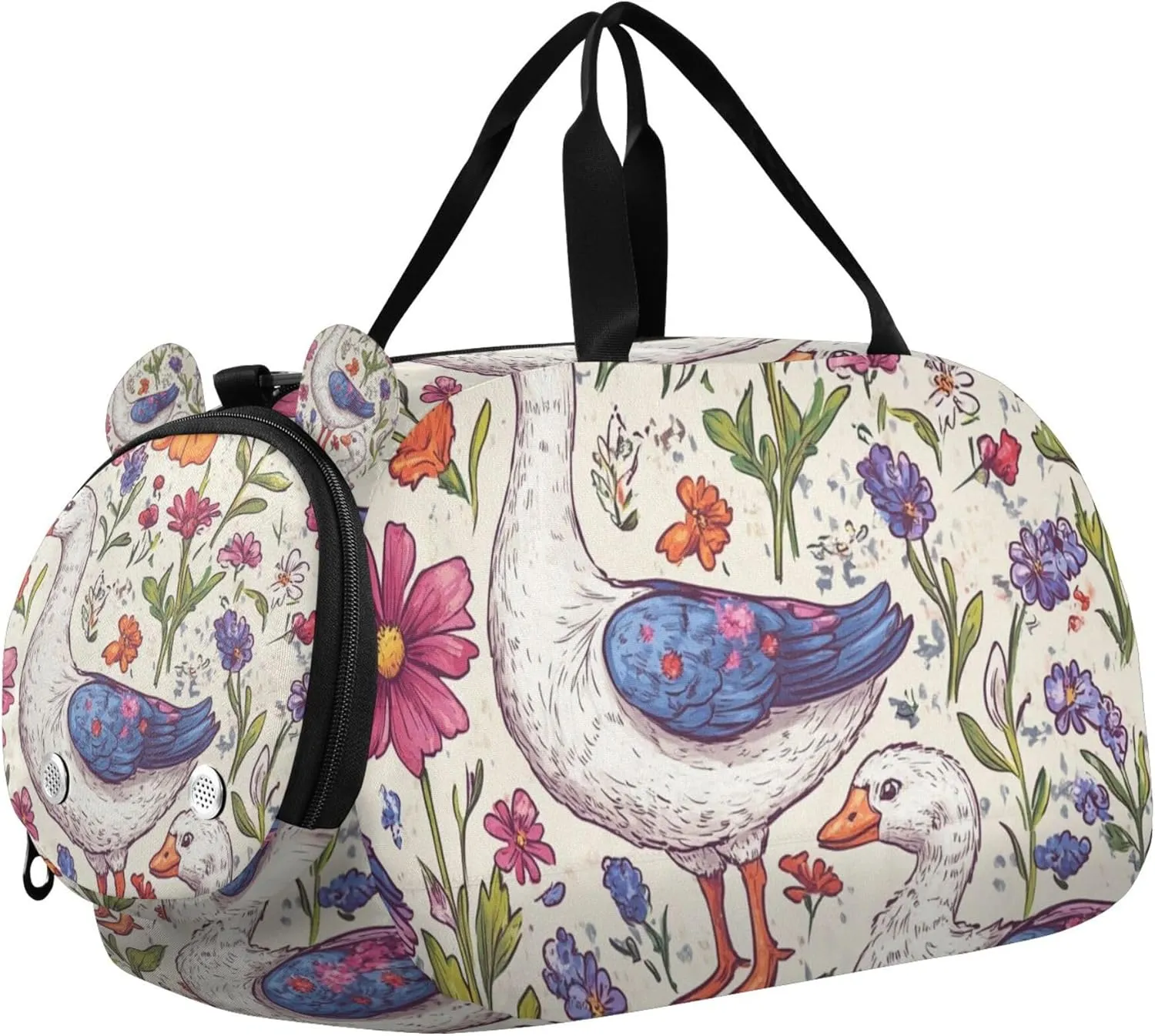 Goose Flowers Farm Animals Sports Duffle Bag for Teens Girls Boys, Gym Bag with Shoe Compartment, Kids Travel Overnight Weekender Shoulder Bag
