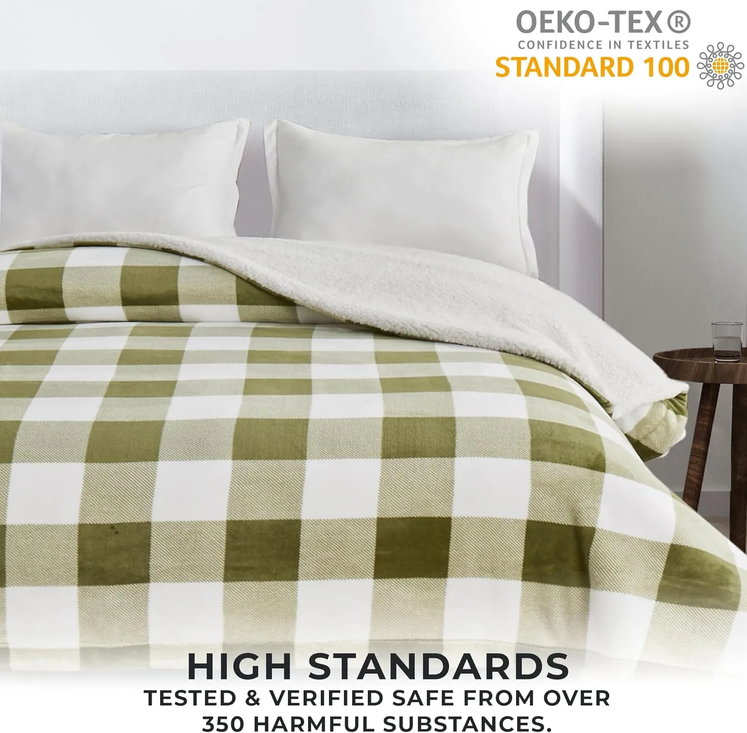 Great Bay Home Sherpa Fleece and Velvet Plush Throw Blanket, Thick Blanket for Chair, Sofa, or Bed. Warm, Reversible, Soft Fleece Throw Blanket. Kinsley Collection, Olive Green Buffalo Check