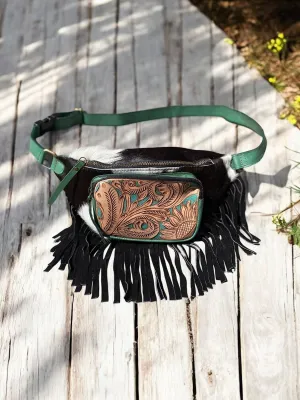 Green Cowhide & Tooled Leather Black Fringe Fanny Pack