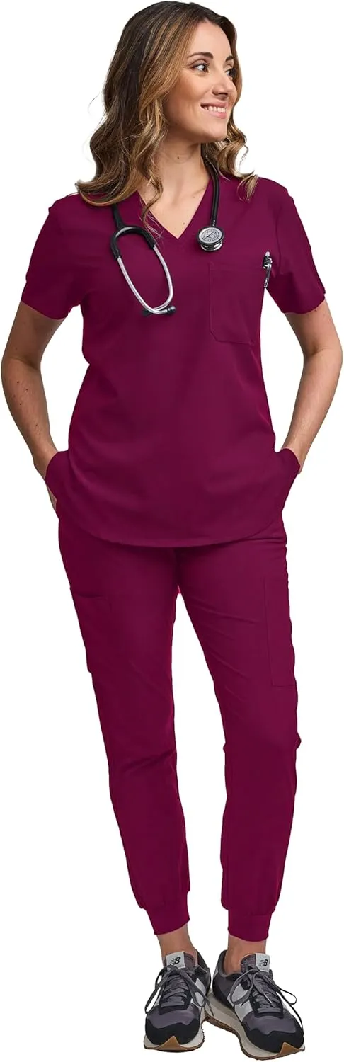 Green Town Scrubs for Women Scrub Set - Jogger Pant and Tuck-in V-Neck Top, 5 Pockets, Yoga Waistband, Nursing Uniform