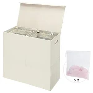 Greenstell Laundry Hamper with Lid and Handles, Foldable Divided Laundry Basket with Mesh Pockets, Easy Movement Clothes Laundry Basket for Bedrooms, Laundry Room and Balconies Beige