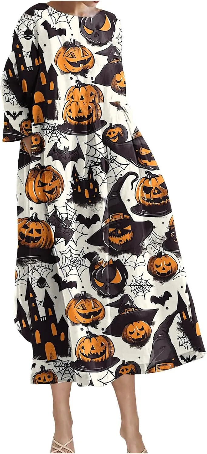 Halloween Shift Dress for Women All Over Print Plus Size Casual T Shirt Dresses Flowy Swing Tunic Dress with Pockets