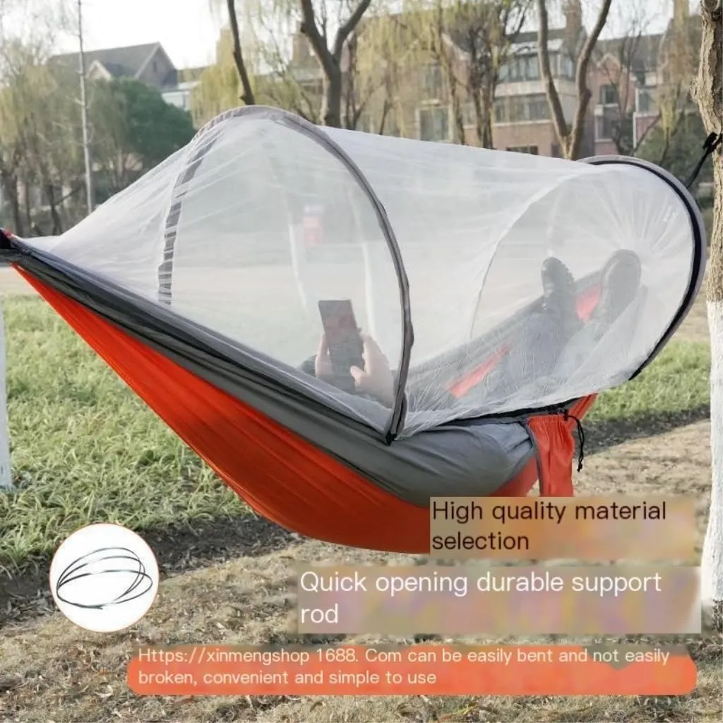 Hammock Outdoor Camping Anti-Rollover Nylon Hammock with Mosquito Net Automatic Quick-Opening Mosquito Net Hammock Hammocks for Outside(Orange)