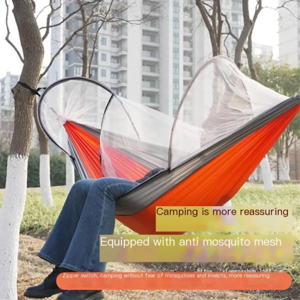 Hammock Outdoor Camping Anti-Rollover Nylon Hammock with Mosquito Net Automatic Quick-Opening Mosquito Net Hammock Hammocks for Outside(Orange)