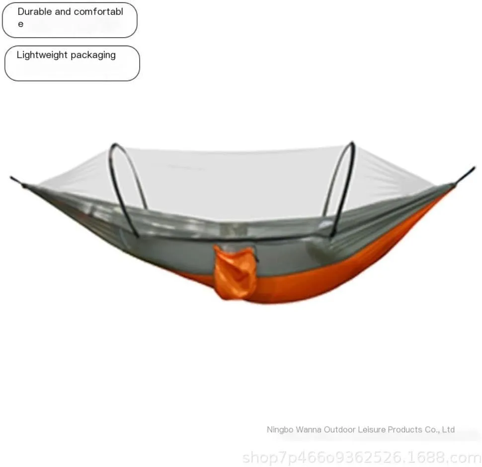 Hammock Outdoor Camping Anti-Rollover Nylon Hammock with Mosquito Net Automatic Quick-Opening Mosquito Net Hammock Hammocks for Outside(Orange)