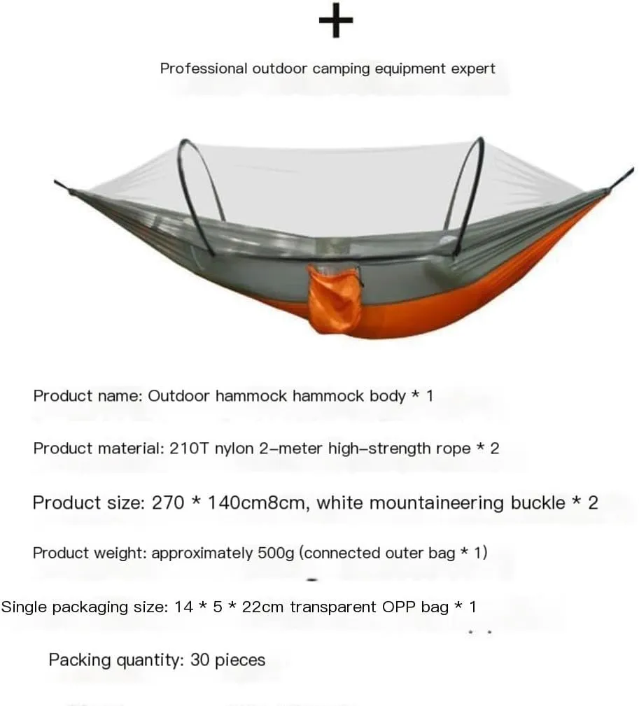 Hammock Outdoor Camping Anti-Rollover Nylon Hammock with Mosquito Net Automatic Quick-Opening Mosquito Net Hammock Hammocks for Outside(Orange)