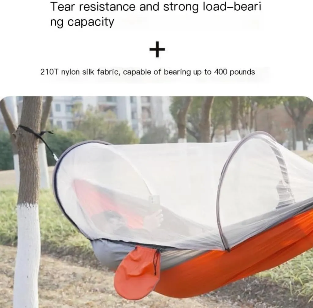 Hammock Outdoor Camping Anti-Rollover Nylon Hammock with Mosquito Net Automatic Quick-Opening Mosquito Net Hammock Hammocks for Outside(Orange)