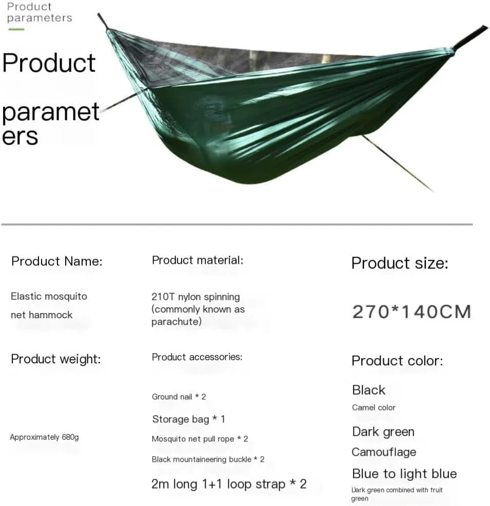Hamock Ultra-Light Nylon Double Hammock Parachute Cloth Anti-Rollover Elastic Band Encrypted Mosquito Net Hammock Hanmock(A)