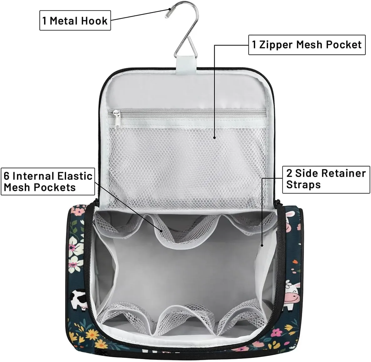 Hanging Toiletry Bag Cute Cow Flower for Women Girls, Cosmetic Makeup Bag with Multi Compartments, Portable Travel Bag Organizer Large for Toiletries Accessories