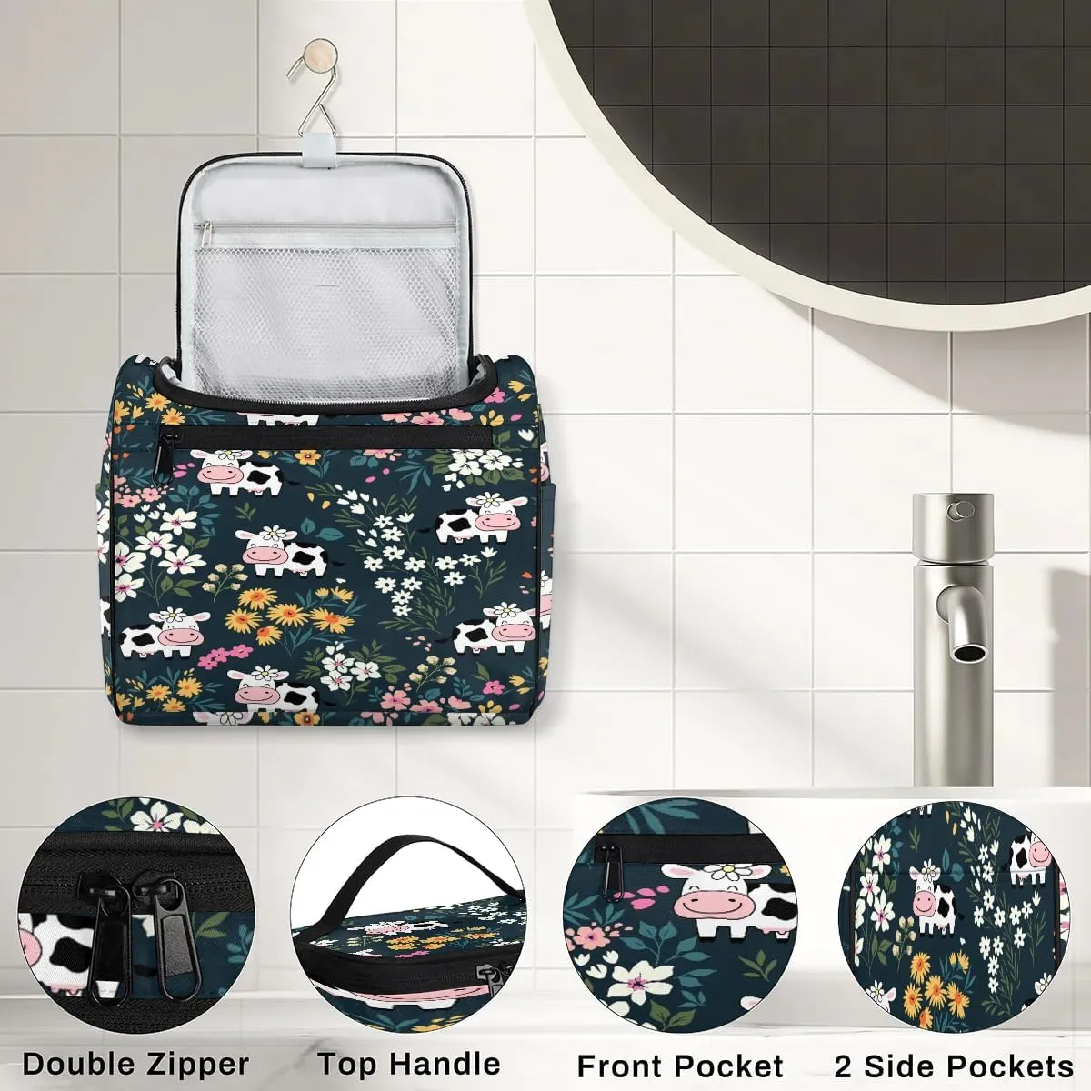 Hanging Toiletry Bag Cute Cow Flower for Women Girls, Cosmetic Makeup Bag with Multi Compartments, Portable Travel Bag Organizer Large for Toiletries Accessories