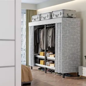 Heavy Duty Rolling Garment Rack With Cover, Portable Folding Canvas Wardrobe Closet, Metal Mobile Closet Rack, Wardrobe Clothing Coat Storage Rack With Wheels, For Hanging Clothes(49.2in(wheel))