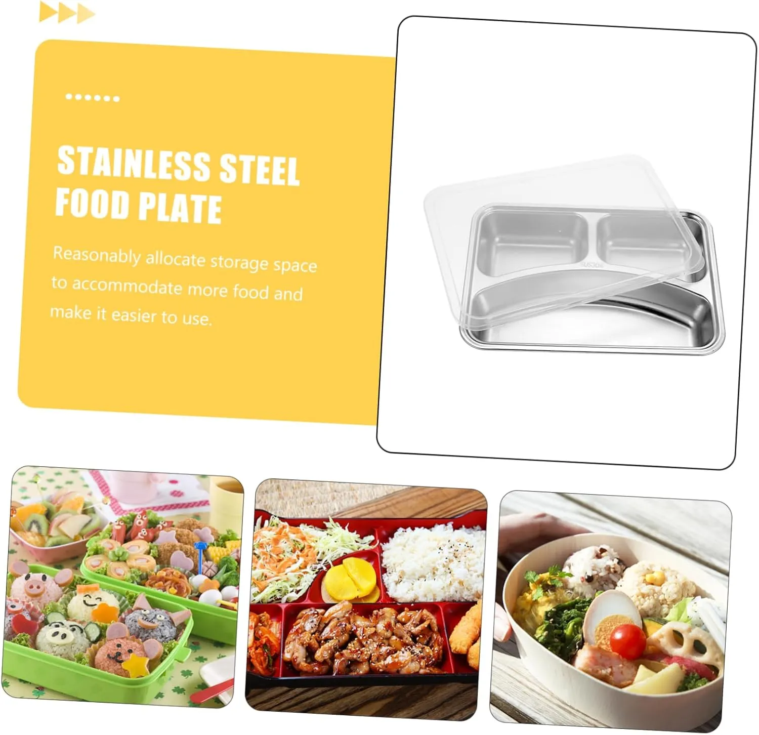 Hemoton 304 Meal Plate Divided Sectioned Adults Food Separator Plate Food Compartment Tray Compartment Plates Reusable Section Tray Lunch Dividers Stainless Steel Silver re-usable