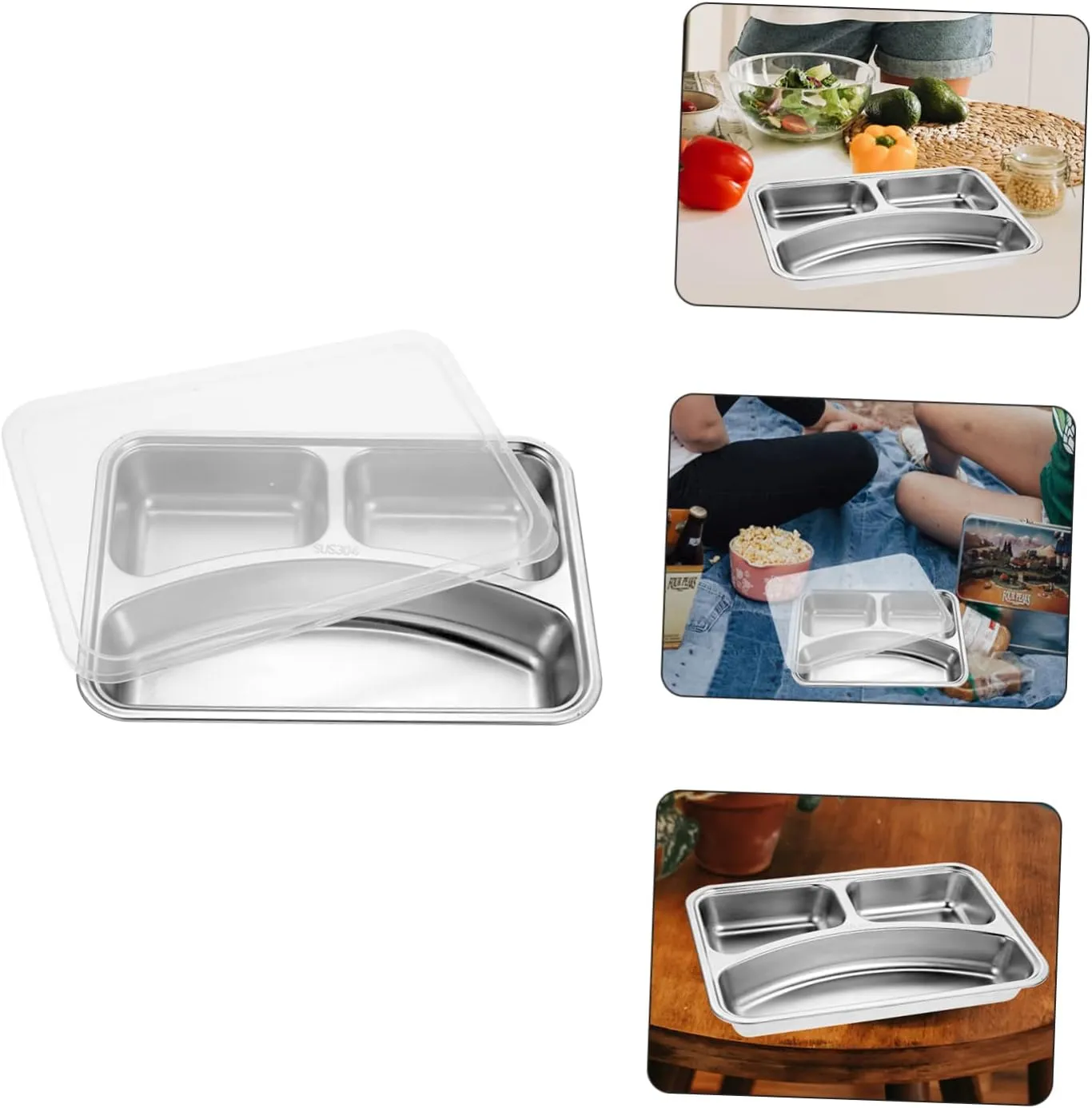 Hemoton 304 Meal Plate Divided Sectioned Adults Food Separator Plate Food Compartment Tray Compartment Plates Reusable Section Tray Lunch Dividers Stainless Steel Silver re-usable