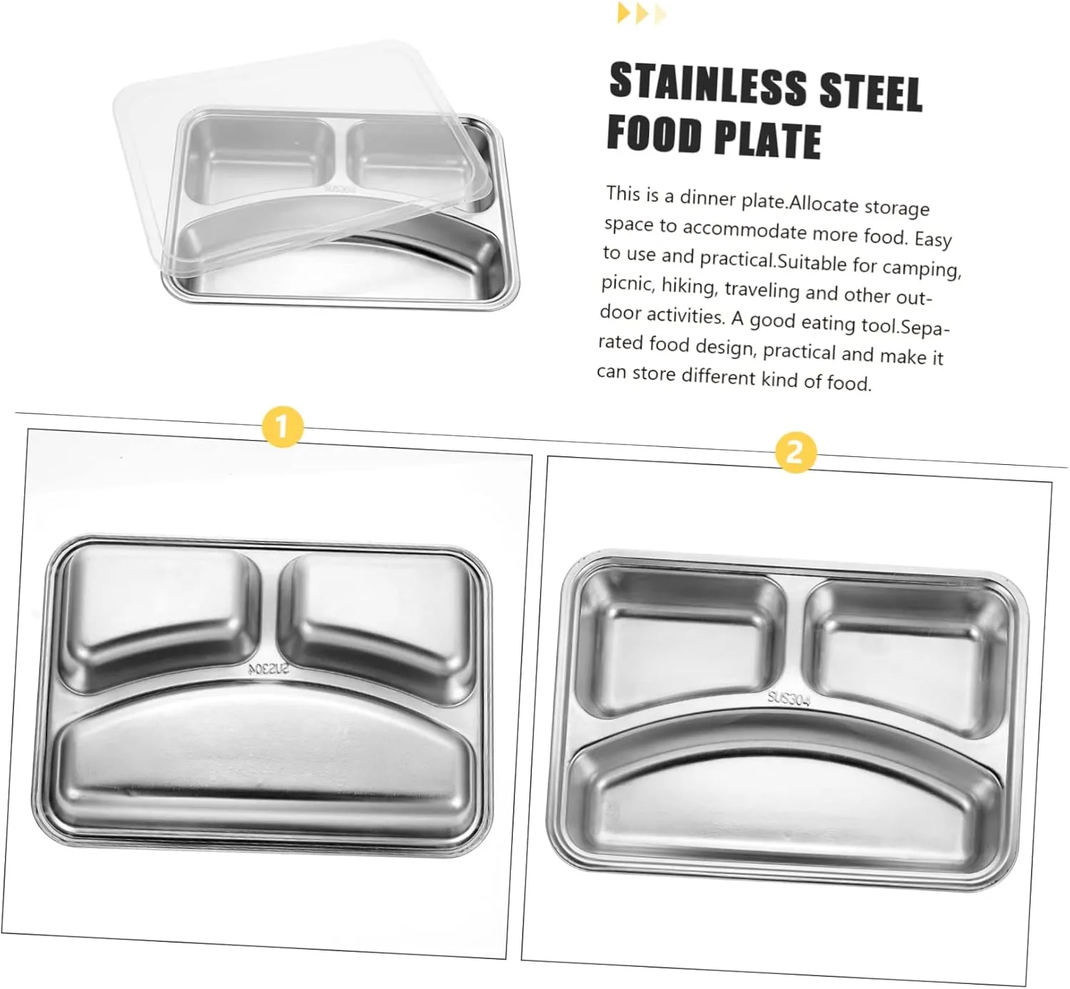 Hemoton 304 Meal Plate Divided Sectioned Adults Food Separator Plate Food Compartment Tray Compartment Plates Reusable Section Tray Lunch Dividers Stainless Steel Silver re-usable
