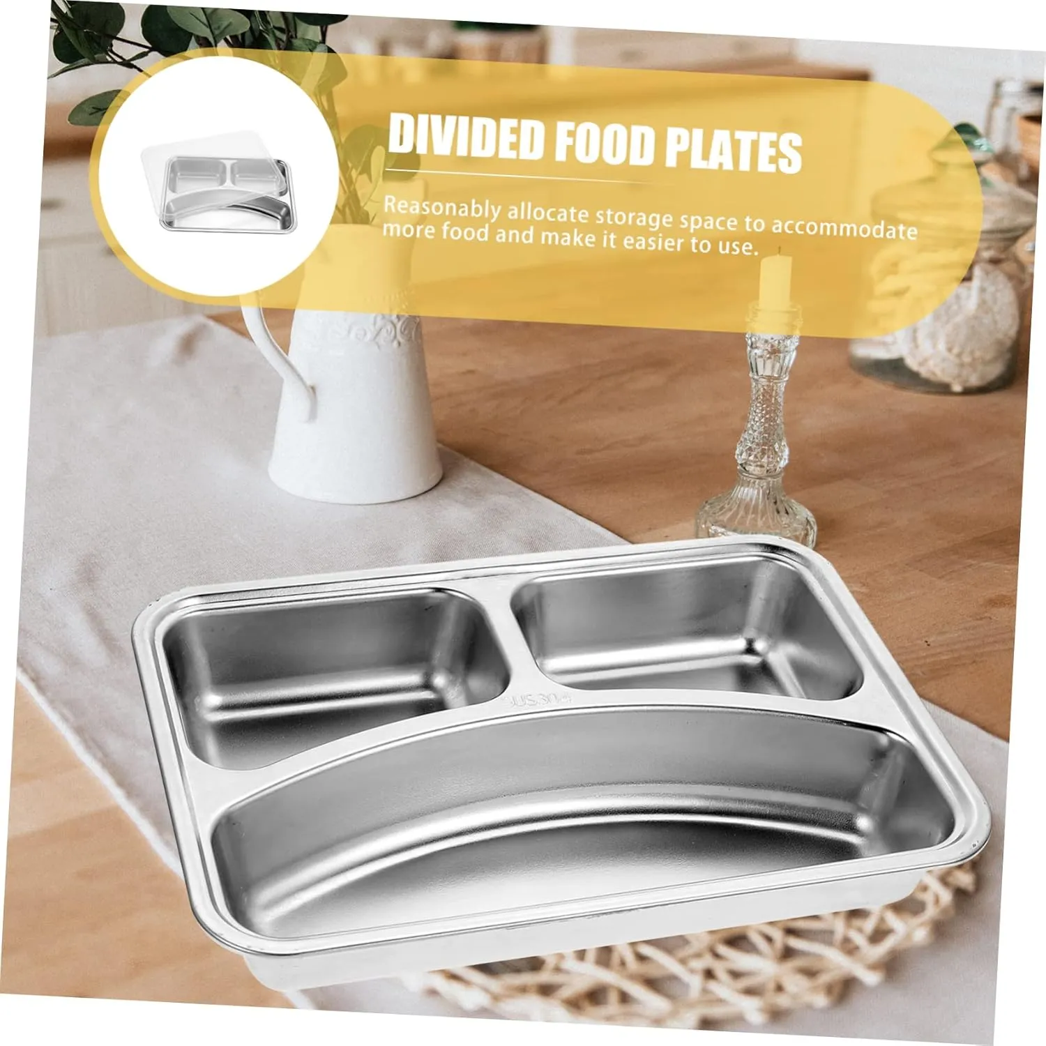 Hemoton 304 Meal Plate Divided Sectioned Adults Food Separator Plate Food Compartment Tray Compartment Plates Reusable Section Tray Lunch Dividers Stainless Steel Silver re-usable