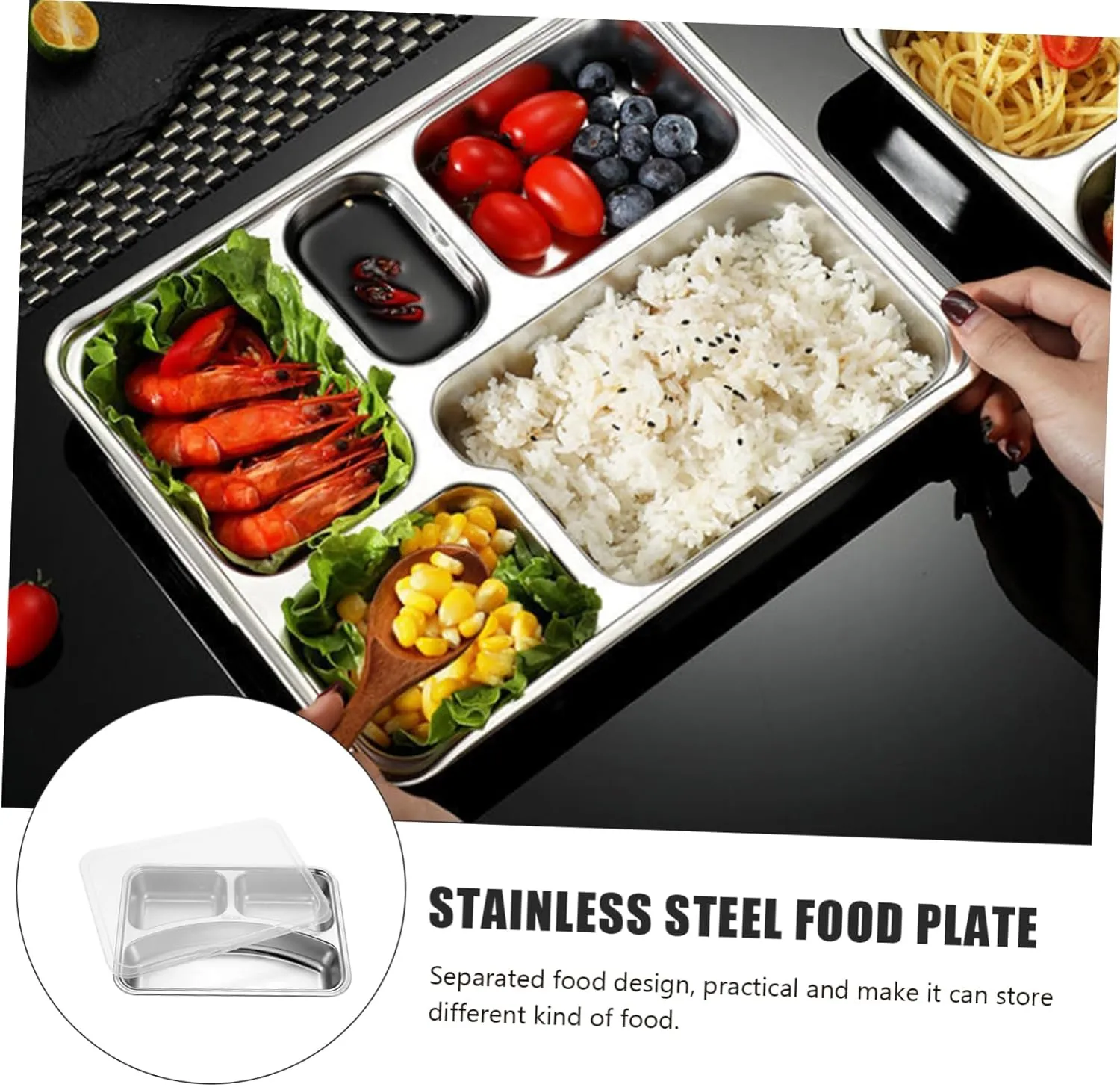 Hemoton 304 Meal Plate Divided Sectioned Adults Food Separator Plate Food Compartment Tray Compartment Plates Reusable Section Tray Lunch Dividers Stainless Steel Silver re-usable