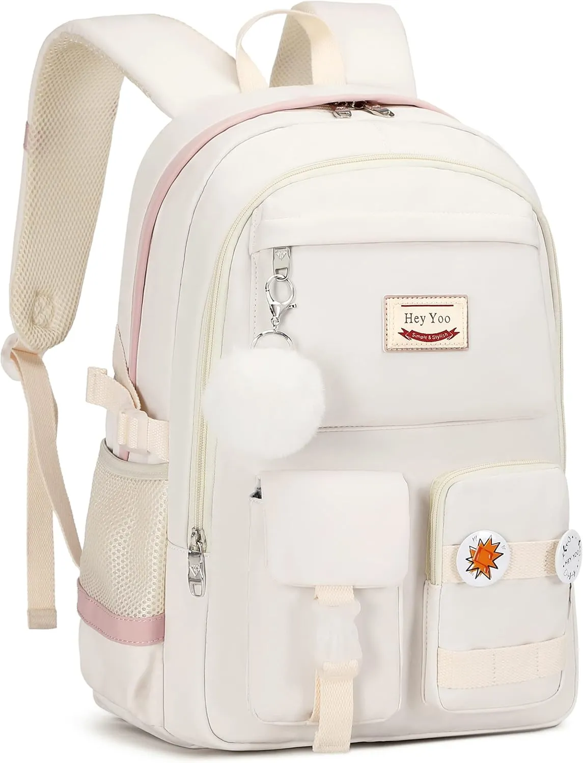 Hey Yoo School Backpack for Girls Backpack with Lunch Box Teen Girl Backpack Set Cute School Bag Bookbag for Teen Girls (White)