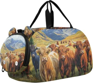 Highland Cattle Cow Duffle Bag for Toddler Girls Boys, Sports Gym Bag with Shoe Compartments, Kids Travel Overnight Weekender Shoulder Bag