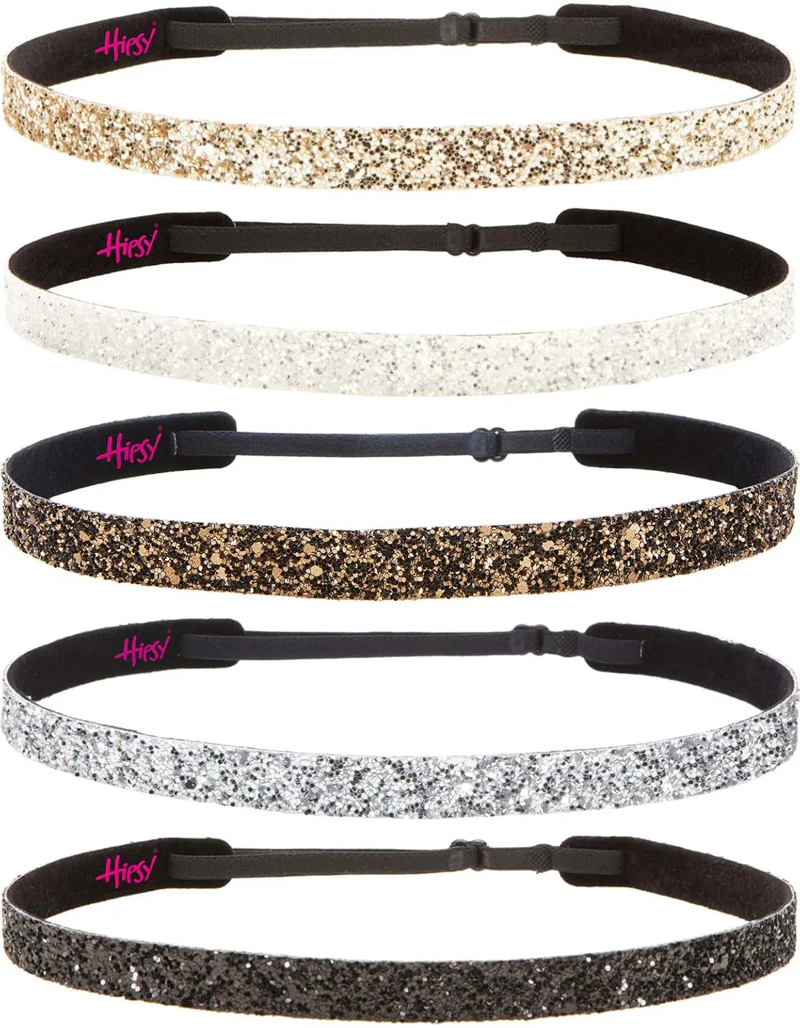 Hipsy REGULAR Size, Adjustable No Slip Sparkly Bling Glitter Skinny 5pk Headbands for Women Girls & Teens (Skinny Black/Silver/Brown/White/Gold)