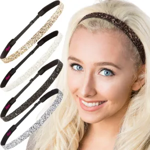 Hipsy REGULAR Size, Adjustable No Slip Sparkly Bling Glitter Skinny 5pk Headbands for Women Girls & Teens (Skinny Black/Silver/Brown/White/Gold)