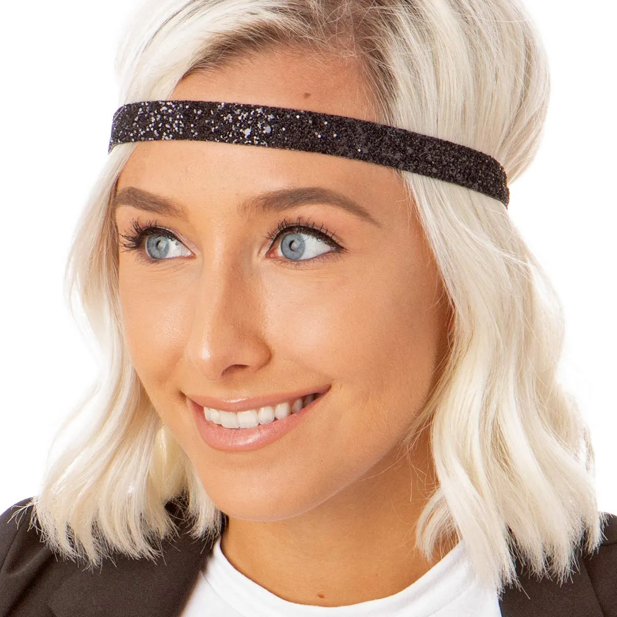 Hipsy REGULAR Size, Adjustable No Slip Sparkly Bling Glitter Skinny 5pk Headbands for Women Girls & Teens (Skinny Black/Silver/Brown/White/Gold)