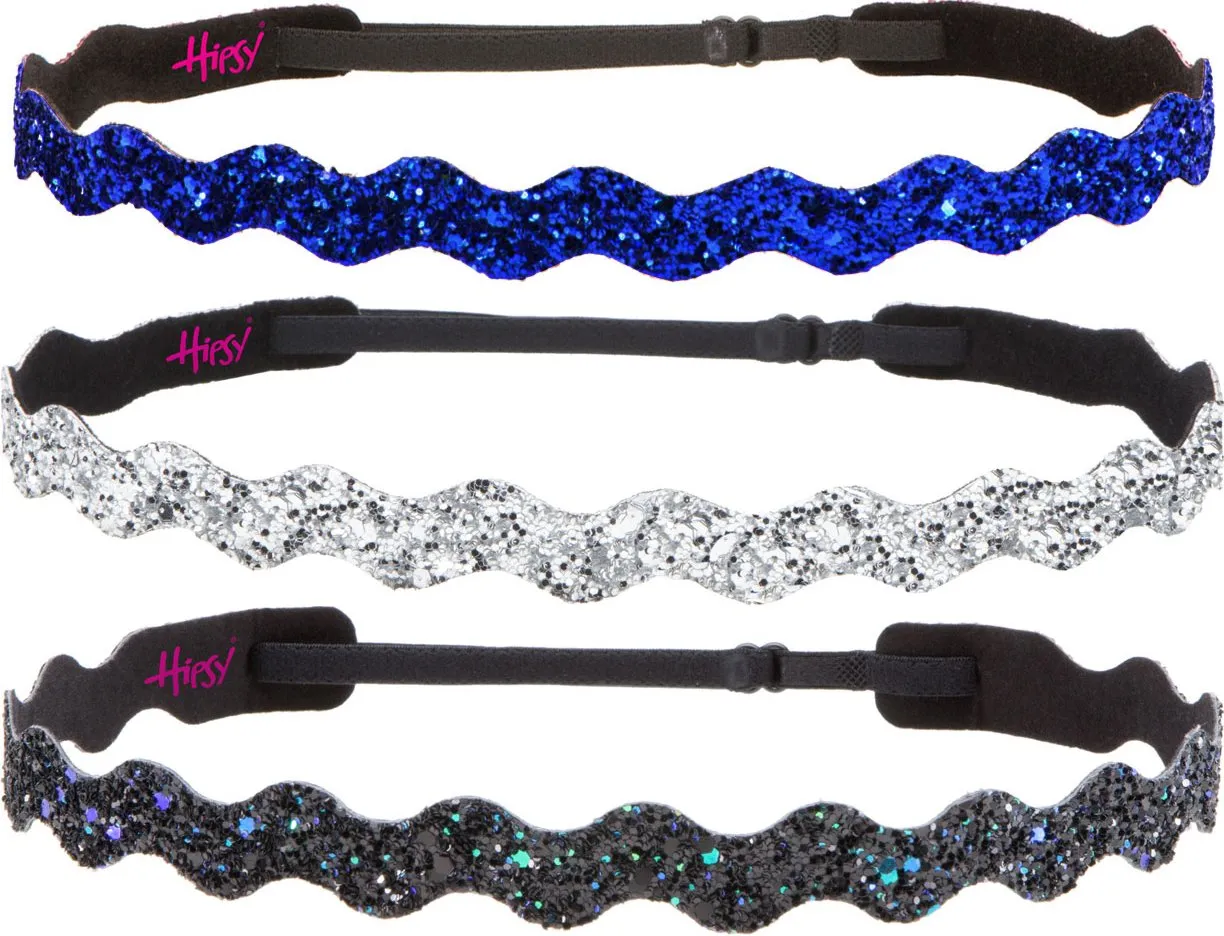 Hipsy Women's Adjustable No Slip Bling Glitter Wave Cute Headband 3-pack (Wave Peacock/Silver/Royal Blue 3pk)