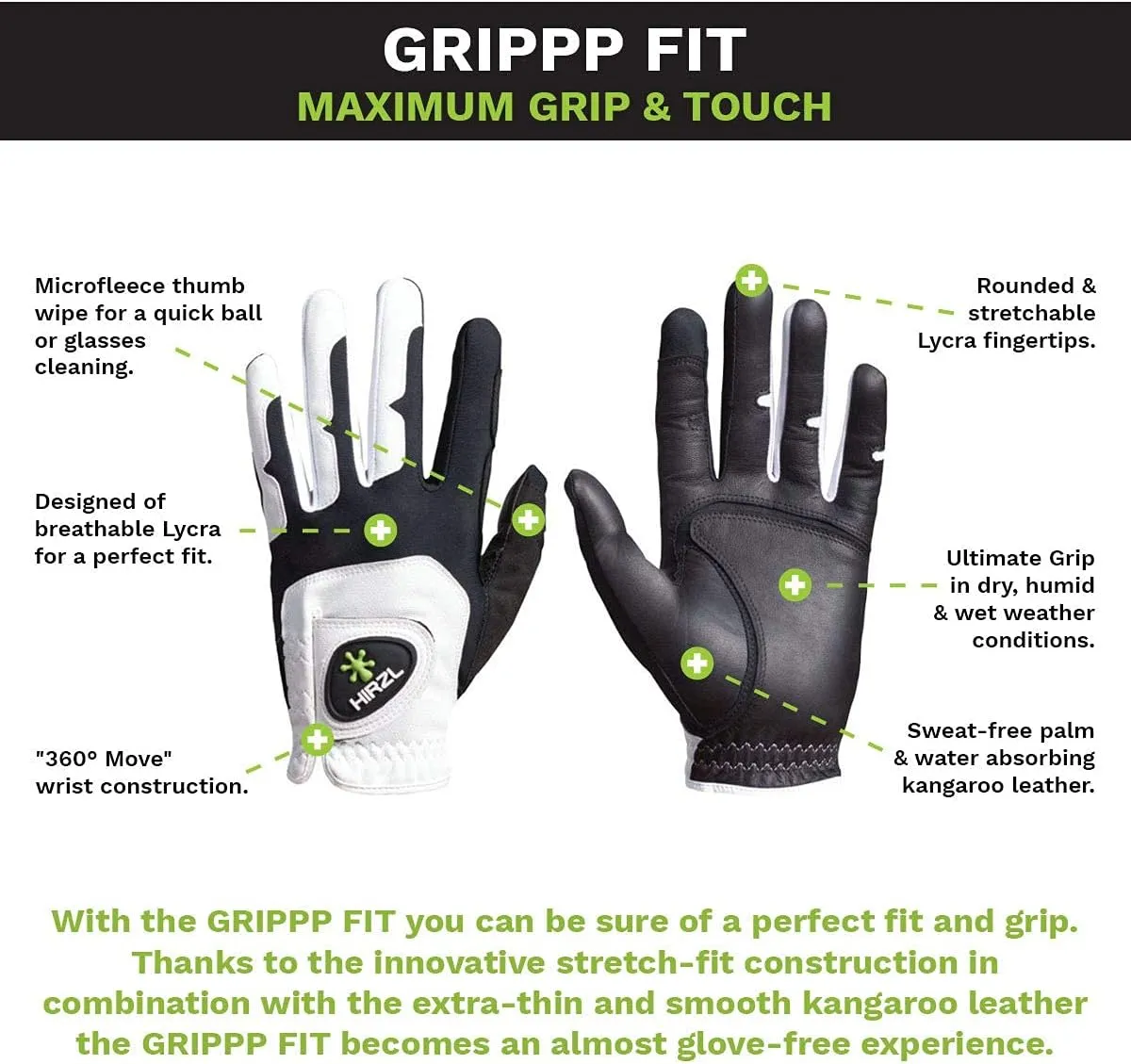 HIRZL GRIPPP FIT Ladies Golf Gloves – All Weather Womens Golf Glove (White/Black) | Kangaroo Leather & Lycra | Ultimate Grip/Wet or Dry | Breathable, Stretch Fit, Sweat Absorbent (Pack of 5)