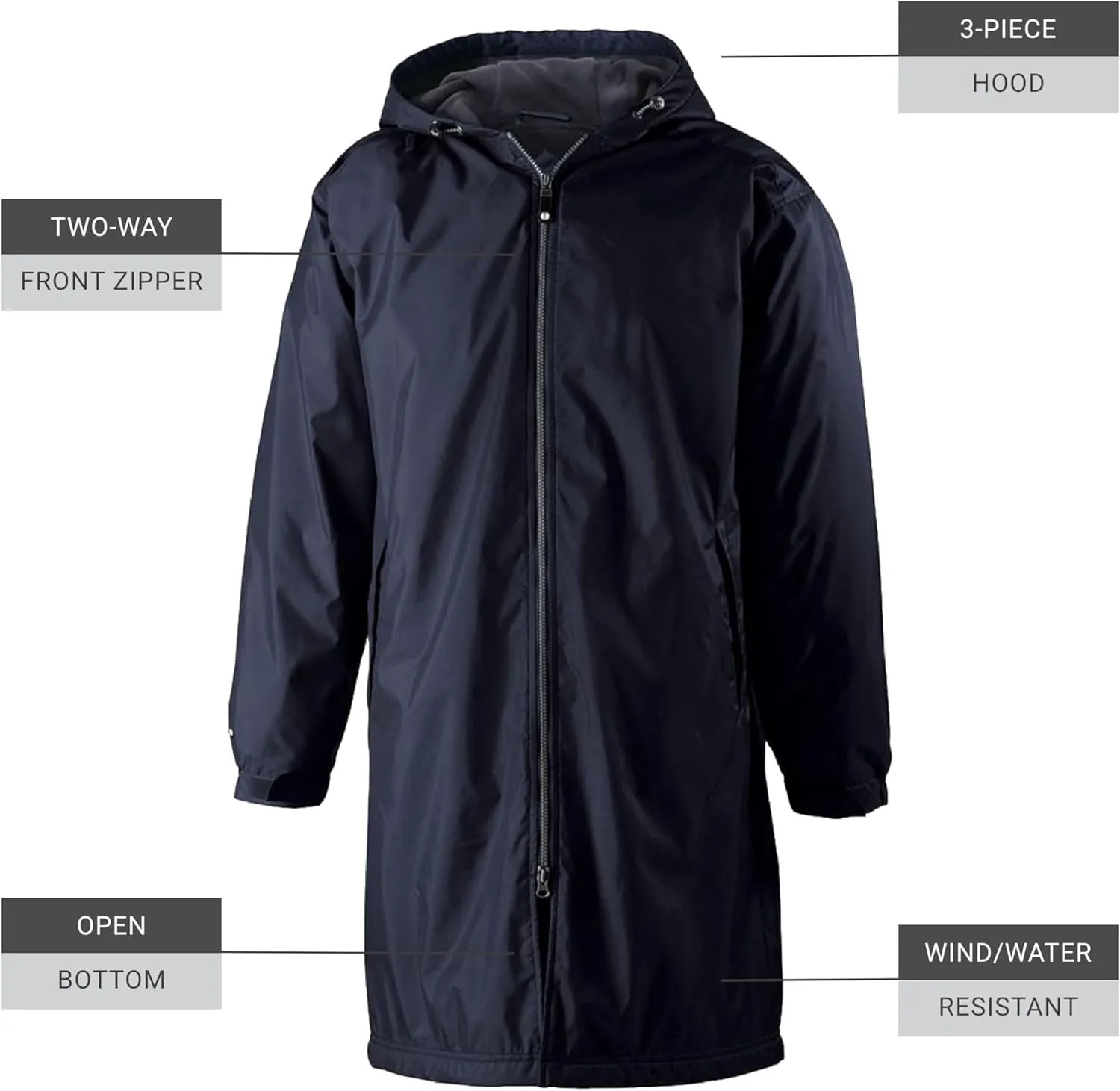 Holloway Men's Conquest Knee-Length Jacket – Warm-Up Wind/Water-Resistant Outerwear, Hooded & Adjustable Fit