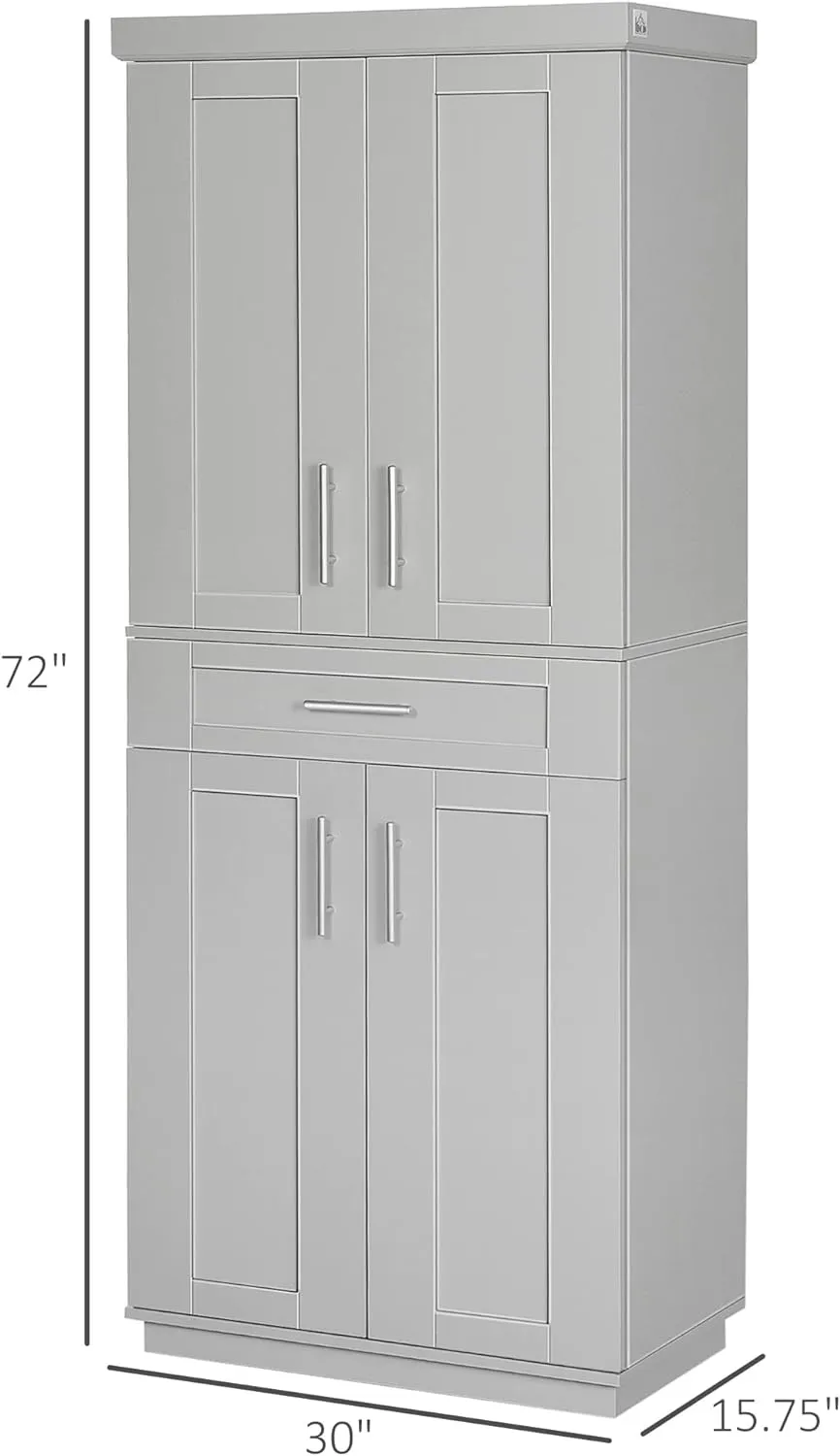 HOMCOM 72" Kitchen Pantry Cabinet, Freestanding Tall Storage Cabinet with 4 Doors, Drawer and 3 Adjustable Shelves for Dining Room, Gray