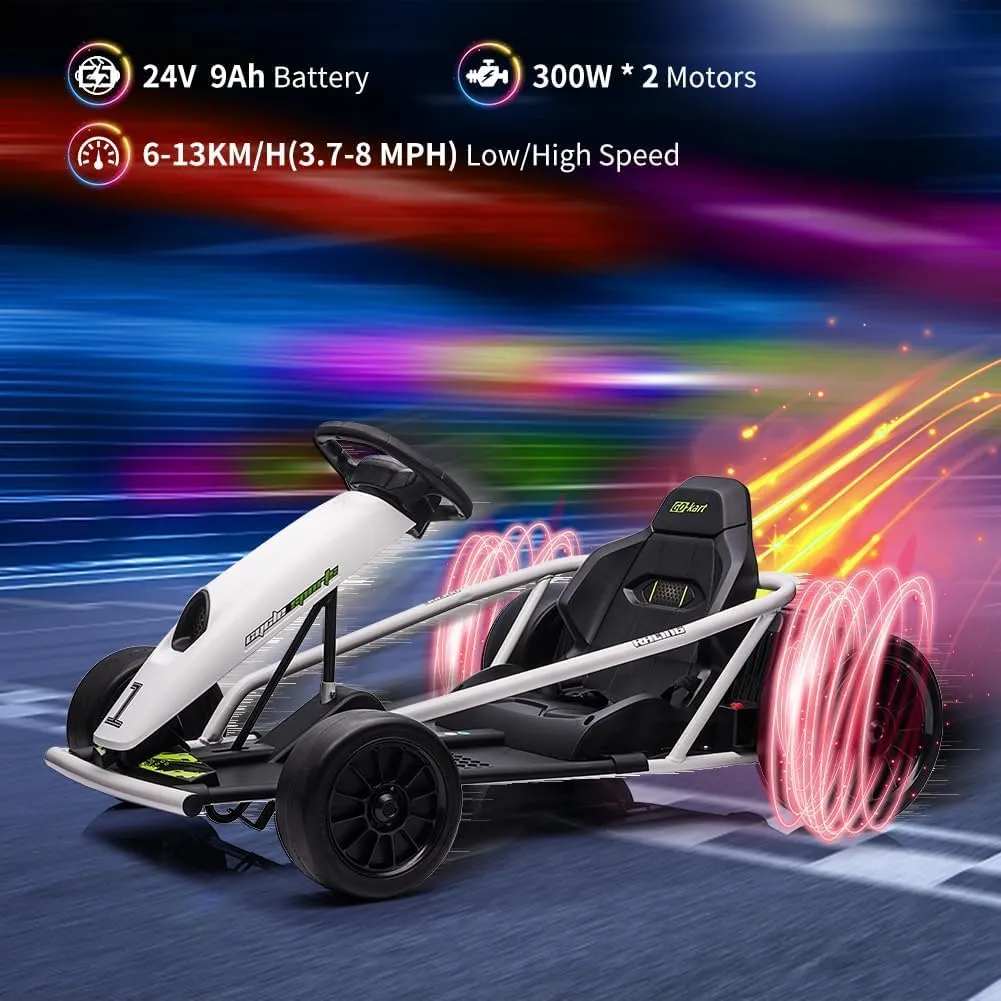 Homhougo 24V Go Kart for Kids, 8MPH Electric Drift Kart, Ride-on Toy Car With Music Horn, 8-12 Years, Max Load 155LBS, 300W*2 Motor, Outdoor Racing Toy (White)
