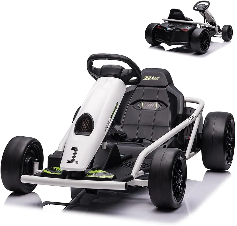 Homhougo 24V Go Kart for Kids, 8MPH Electric Drift Kart, Ride-on Toy Car With Music Horn, 8-12 Years, Max Load 155LBS, 300W*2 Motor, Outdoor Racing Toy (White)