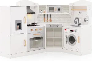 HONEY JOY Corner Kids Kitchen Playset, Ultimate Wooden Play Kitchen for Toddlers, Washing Machine, Ice Maker, Sink, Microwave, Little Chef Pretend Play Toy Kitchen Set, Gift for Boys Girls, White