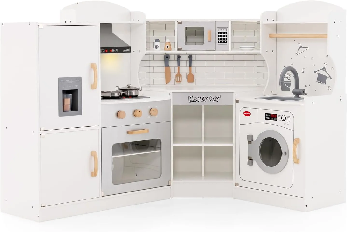 HONEY JOY Corner Kids Kitchen Playset, Ultimate Wooden Play Kitchen for Toddlers, Washing Machine, Ice Maker, Sink, Microwave, Little Chef Pretend Play Toy Kitchen Set, Gift for Boys Girls, White