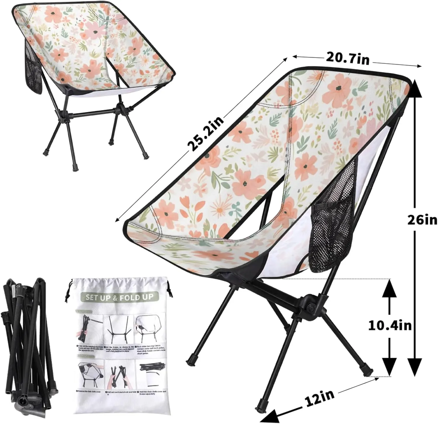 Honeybaby Folding Camping Chair Floral Patterns Camping Chairs Lightweight Portable Chair Outdoor Foldable Chairs for Camping Travel Picnic Beach Hiking
