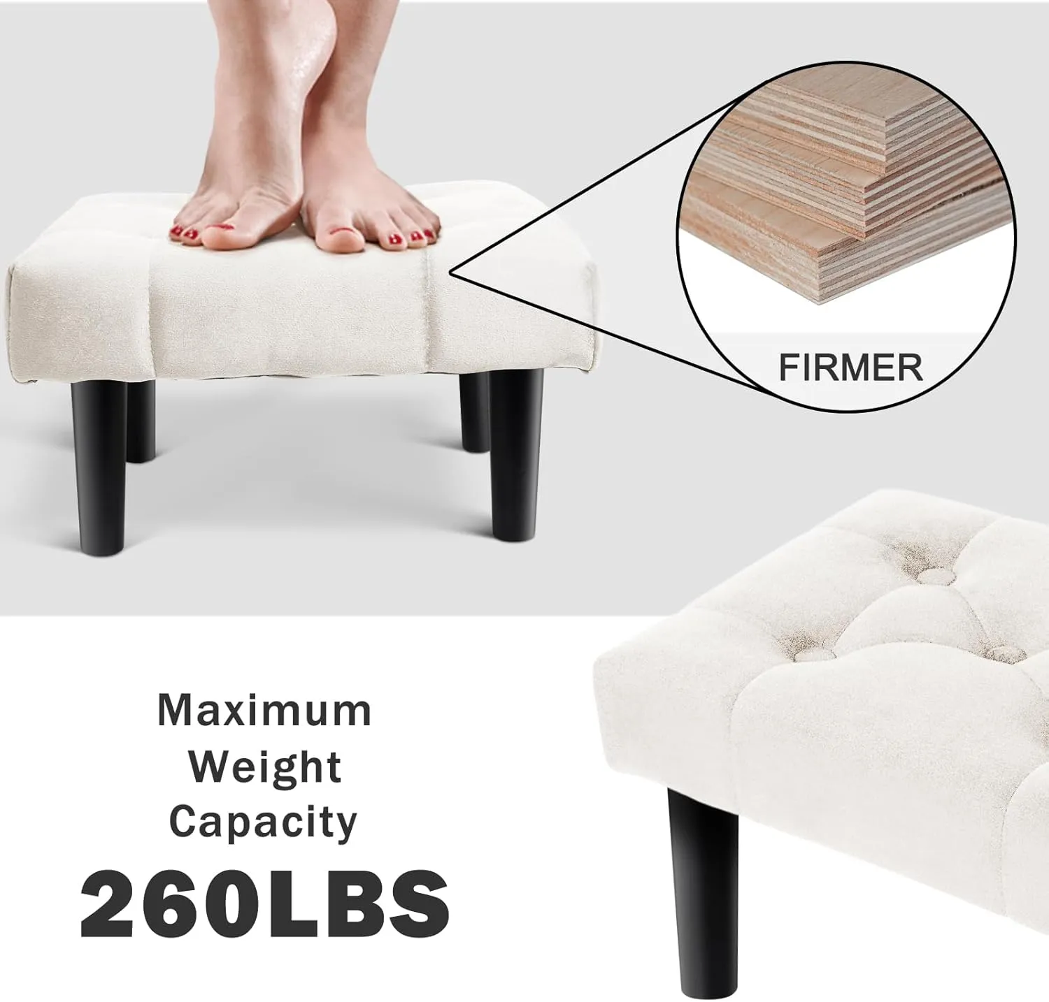 HOUCHICS Small Footstool Ottoman,Velvet Soft Footrest Ottoman with Wood Legs,Sofa Footrest Extra Seating for Living Room Entryway Office(White 1PACK)