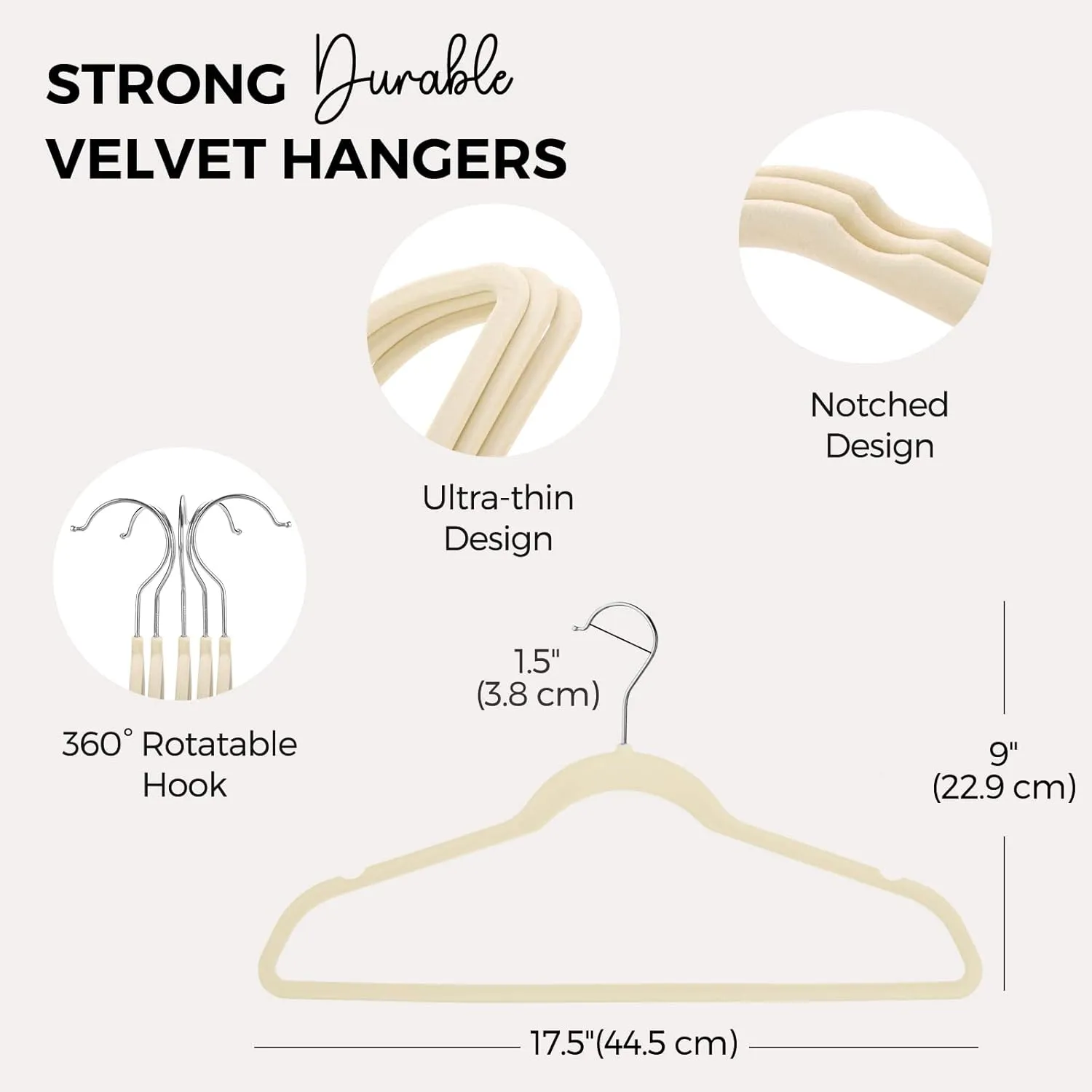 HOUSE DAY Premium Velvet Hangers 50 Pack, Non-Slip Flocked Felt Hangers, Sturdy Clothes Hangers with 360° Rotatable Hook, Heavy Duty Coat Hanger, Durable Slim Beige Hanger for Closet Space Saving